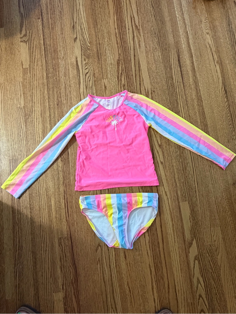 Justice Pink Long-Sleeve Rash Guard Set with Rainbow Stripe Sleeves